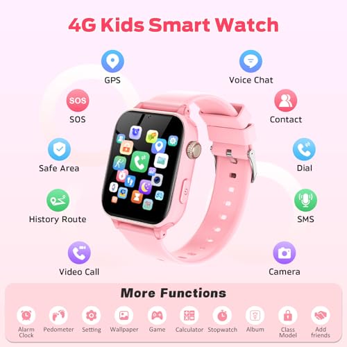 Image of 4G Kids Smart Watch with GPS Tracker, Video Call & Texting, Smart Watch for Kids with SIM Card, SOS, School Mode, HD Camera, Pedometer, Kid Watch Gift for Boys Girls Age 4-12, Pink
