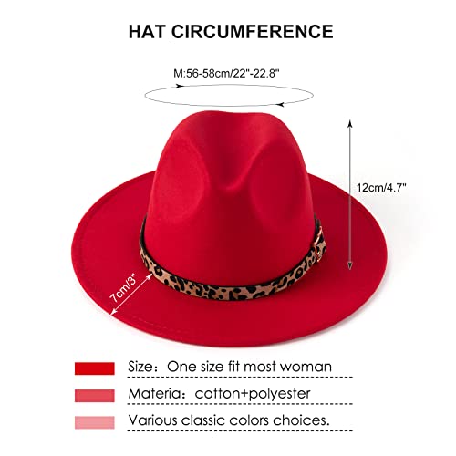 Hudanhuwei Women's Wide Brim Felt Fedora Panama Hat With Leopard Belt Buckle Red #TOP4