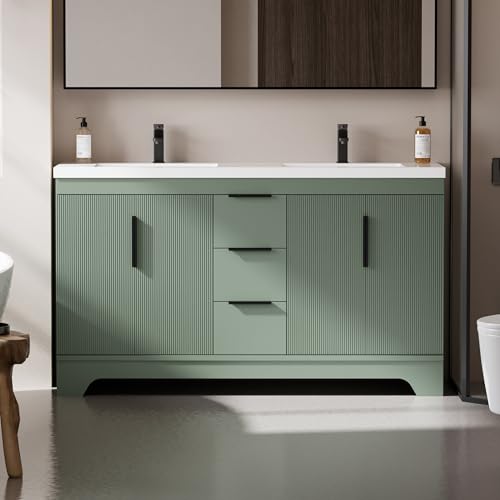 eclife 60" Bathroom Vanity with Sink Combo, Modern Freestanding Painted Storage Cabinet with Fluted Doors, 3 Drawers, Undermount White Dual Sink, Faucet, Drain, Sage Green