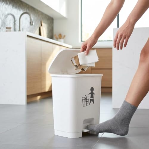 Image of AIR O MATIC BIOHAZARD Plastic Pedal dustbin 10 Liter (WHITE) 10 Liter White Waste Container with Foot Pedal for Hands-Free Operation