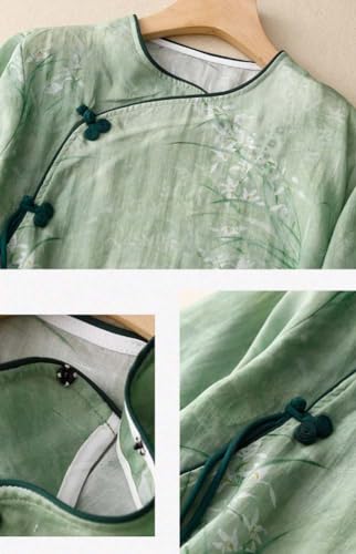 Summer Hanfu Cotton-Ramie Loose Blouse 3/4 Sleeve Chinese Clothes with Chinese Frog Button Tops A113