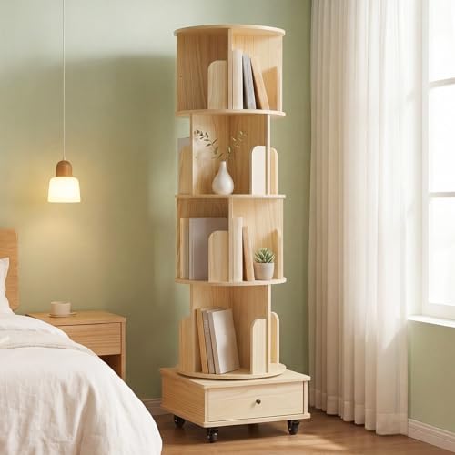 Nordivale Drehbares Bücherregal 360° Frei, Bücherregal Drehbar Farbe Naturholz, Bücherregal Kinder mit rollbar & extra Unterschublade… – Ansicht 1