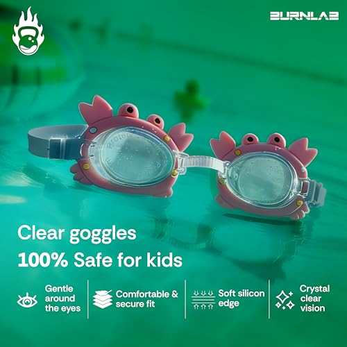 Image of BURNLAB Swimming Goggles for Kids, Clear Vision Pool Goggles for Boys & Girls, Easy Adjustable Strap (Crab)