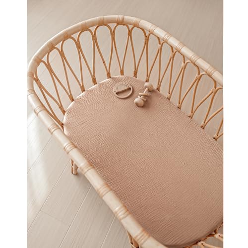 Image of Konssy 2 Pack Muslin Fitted Bassinet Sheets for Baby Girl Boy, Soft Breathable Baby Bassinet Sheets Fit for Bassinets, Cradle, Moses Basket Oval Rectangle Pad /Mattress (Peach,Floral)