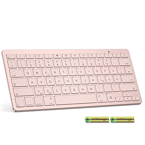 Emetok Deutsche Bluetooth Tastatur für iPad, Ultra-dünn QWERTZ Tastatur kompatible mit iPad 10,2/9,7,iPad Pro 11/iPad Pro 12.9, iPad Air/iPad Mini/iPhone, Stabile Verbindung,Rosa Cover