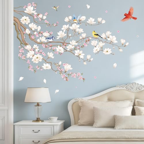 SHUCHING Stickers Muraux Arbre Fleurs Blanches et Roses, Autocollant Mural Branche Fleurie Vintage, Décoration Murale pour Filles Chambre Salon