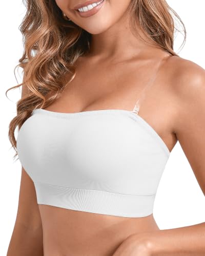 Image of DEANGELMON Strapless Bras for Women Wireless Push Up Non-Slip Bandeau Bra Seamless Clear Straps TubeTop Padded Bralette