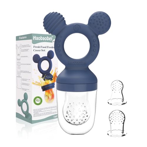 Image of Baby Fruit Feeder, Frozen Teething Toys, Infants Teether Pacifier with 3 Extra Teats, Toddler Eating Essentials, BPA Free Feeding Supplies (Steel Blue)