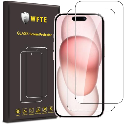 WFTE 2-Pack Tempered Glass for iPhone 15/iPhone 15 Pro Screen Protector 9H Hardness Anti-Scratch Anti-Fingerprint Bubble-Free HD Clear Premium Protective Film for iPhone 15 Case Friendly