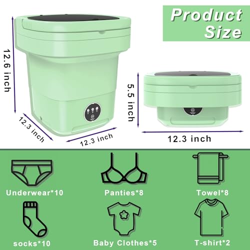 Mini Washing Machine, Foldable Portable Washing Machine with Spin Dryer 2 in 1, 11L Large Capacity, Small Collapsible Laundry Washer for Apartment, Travel, RV, Underwears, Socks, Baby Clothes (Green) - Thumbnail 3