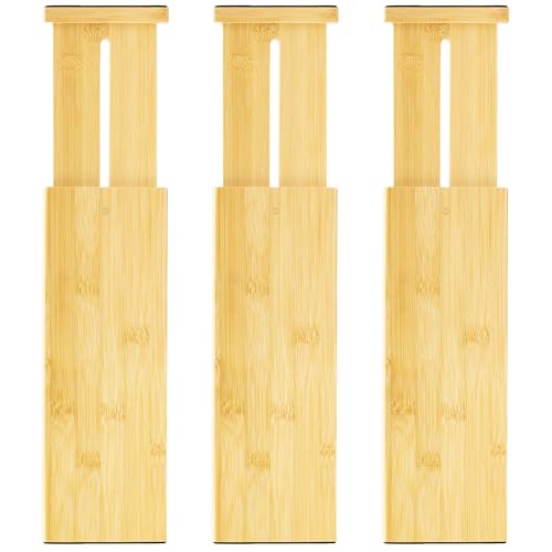 VaeFae Divisori per Cassetti in Bambù Regolabili, 3 Pezzi Separatori per Cassetti, Estensibili da 30,2 cm a 43,5 cm,Organizer Armadio o Cucina, Letto, Bagno,ufficio