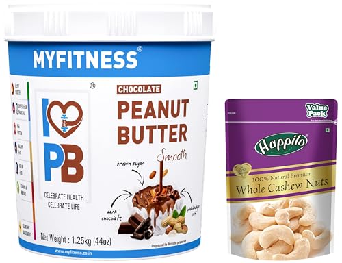 Image of Happilo 100% Natural Premium Whole Cashews Value Pack Pouch, 500 g & MYFITNESS Chocolate Peanut Butter Smooth 1250g | 22g Protein