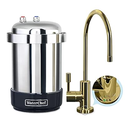 WaterChef Premium Under-Sink Water Filtration System U9000 with Intelligent Monitor (Polished Brass Designer Faucet), Certified for 78 Contaminants, 1,000 Gal., Made in USA