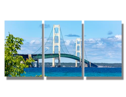 3 Pieces Canvas Wall Art Michigan Mackinaw Bridge Posters Prints on Canvas Michigan City Scenery Wall Decor Posters & Prints the Straits of Mackinac Framed Wall Art Ready to Hang 16X24X3 INCH
