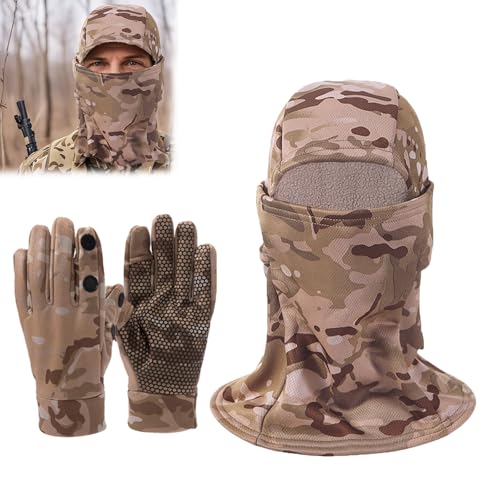 2 Pcs Plush Warm Camo Hunting Mask And Gloves for Men &Women