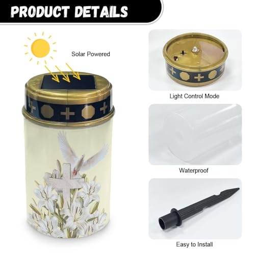 Image of Cross Peace Dove Lily Light for Prayer Cemetery Solar Lights for Grave Cemetery Decor Candle Lamp Waterproof Solar Power Light Eternal Lights for Graves Cemetery Memorial Gift 2 Pcs