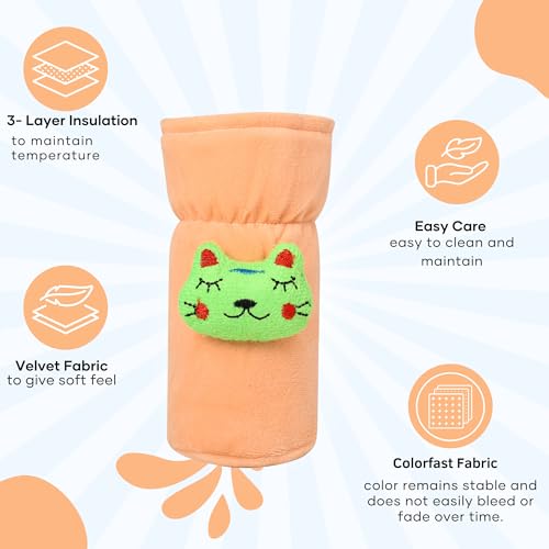 Image of Soft Plush Stretchable Baby Feeding Bottle Cover Easy to Hold Strap with Cute Animated Cartoon| Suitable for 60-125 Ml Feeding Bottle (Brown-Peach)