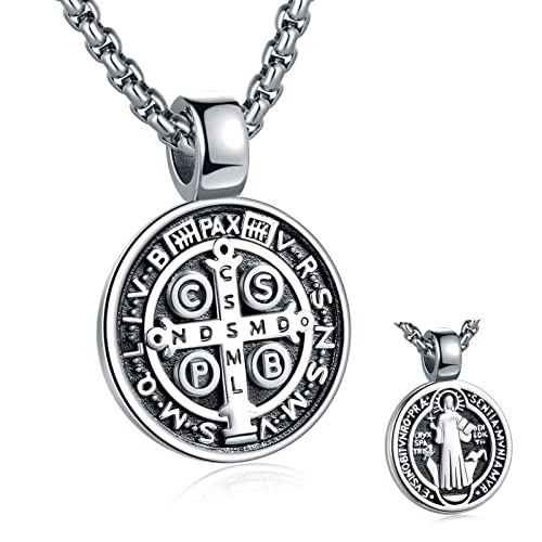St Benedict Exorcism Medal Pendant Necklace Men's Stainless Steel Catholic Roman Patron Saint Pendant, Round Antiqued Religious Cross Protector Talisman Pendant