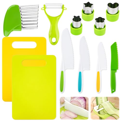 Wvu & Wvo 12 Piezas Cuchillo Niños Montessori, Juego de Cuchillos para Niños para Cocinar de Verdad con Tabla para Cortar Verduras, Cortadores de Patatas, Cortador Arruga
