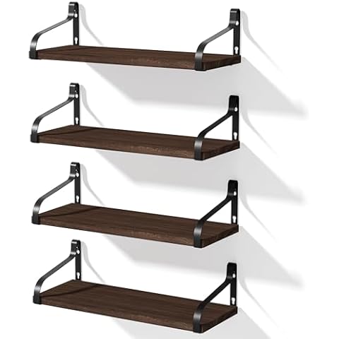Love-KANKEI Floating Shelves for Wall Set of 4, 15.7 Inch Wood Wall Shelves with Bracket, Rustic Hanging Shelves for Bathroom, Bedroom, Kitchen, Living Room,Office Display Dark Walnut Cover