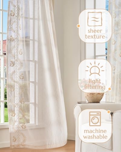 Image of jinchan Floral Linen Curtains, Back Tab 50x63 Inch, 2 Panels Beige