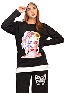 بيجامة بناتي قطعتين تيشرت لون اسود به رسمه وبنطلون اسود