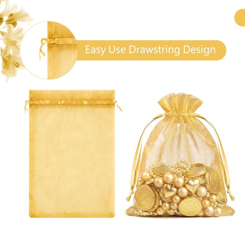 Image of FUNFERY 100Pcs Gold Organza Bags 3x4 in,Small Mesh Drawstring Gift Bag | Little Jewelry Bags for Wedding Party Favors, Mini Drawstring Pouch for Sachet, Candy, Goodie, Treat Bag for Easter Day