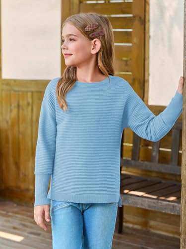 Image of Haloumoning Girls Fall Sweater Kids Ribbed Knit Split Pullover Tops 5-14Y
