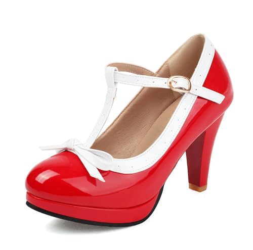 Image of ForeMode Fashion Women T-Strap High Heels Bow Platform Round Toe Pumps Leather Summer Sweet Shoes