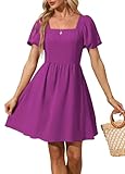 OFEEFAN Maroon Summer Dress for Women Square Neck Short Sleeve Mini Dress Petite XS