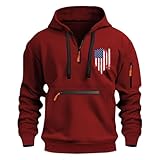 Fleece-Pullover für Herren, Frühling, Herbst, Winter, 2D-Druck, personalisierbar, Retro-Nationalflagge, lässig, modisch, mehrere Taschen, halber Reißverschluss, Kapuzen-Sweatshirt, rot, L