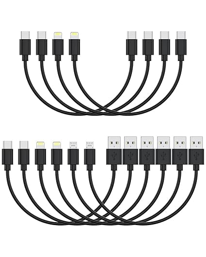 [1FT 10-Pack] Multi Short USB Charging Cables Fast Charge & Sync Type-C/Lightning/Micro Cords Bulk for Charging Station Compatible with iPhone16&15 iPhone5-14 iPads iPods Mobiles Tablets Black