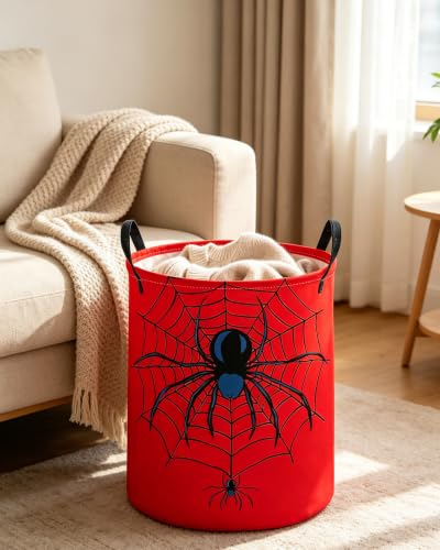 Image of ESSME Kids Laundry Basket,Spider Hamper Collapsible Canvas Waterproof Storage Bin for Boys, Cute Hamper,Gift Baskets(Red spider)