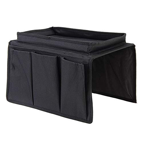 Eco Memos Canapé Accoudoir Organisateur avec Plateau Porte-Gobelet - Organiseur Canapé pour Téléphone Magazine Livres TV Télécommande - Accoudoir de Canapé Sac de Rangement (Noir)