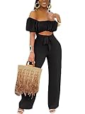 LYANER Women's Off Shoulder Cut Out Tie Front High Waist Short Sleeve Wide Leg Pants One Piece Jumpsuit Romper Solid Black Small