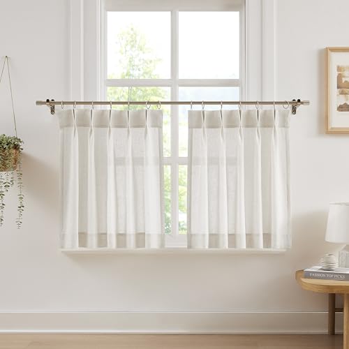 Image of Vision Home Natural Linen Pinch Pleated Tier Curtains 24 inch, Semi Sheer Kitchen Curtains with Back Tab & Hooks, Light Filtering Small Window Panels for Bathroom Laundry, 25 inch Wx24 Lx2