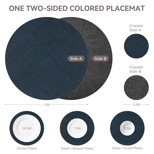 Image of 13 inch Round Placemats Set of 6, NCUE Dual-Sided Faux Leather Heat Resistant Table Mats, Waterproof Oilproof Washable Protective Table Placemats with Coaster, Wipeable Vinyl for Indoor & Outdoor Use