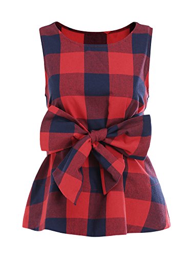 WDIRARA Women's Sleeveless Belted Checkered Shell Top Blouse Red M