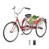 Outroad Comfort Tricycle, 24/26 inch 1 Speed Cruiser Trike, 3 Wheel Bikes with Large Basket for Seniors, Women, Men, Adult Trikes for Shopping Picnic Outdoor Sports, 26-inch Red