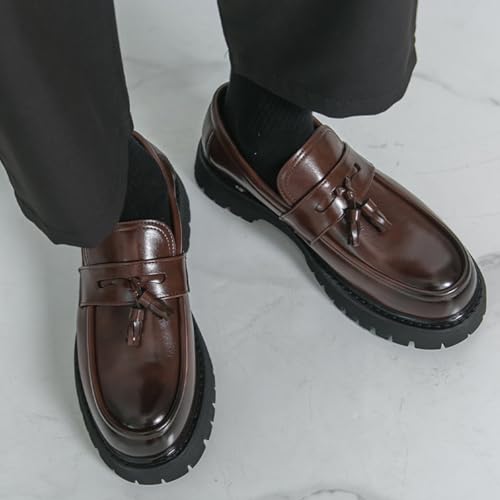 Image of Mens Leather Slip-On Platform Dress Tassels Loafers Non-Slip Low Top Round Toe Chunky Penny Shoes for Business Casual Dress Prom Party
