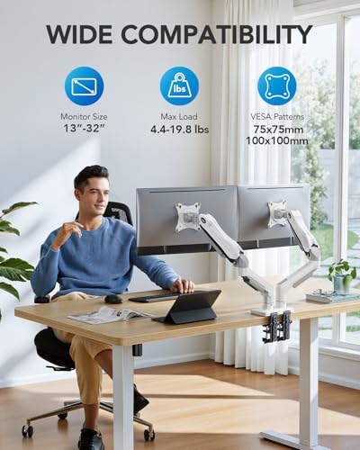 Image of HUANUO Dual Monitor Stand - Full Adjustable Monitor Desk Mount Swivel Vesa Bracket with C Clamp, Grommet Mounting Base for 13 to 32 Inch Computer Screens - Each Arm Holds 4.4 to 19.8lbs - White
