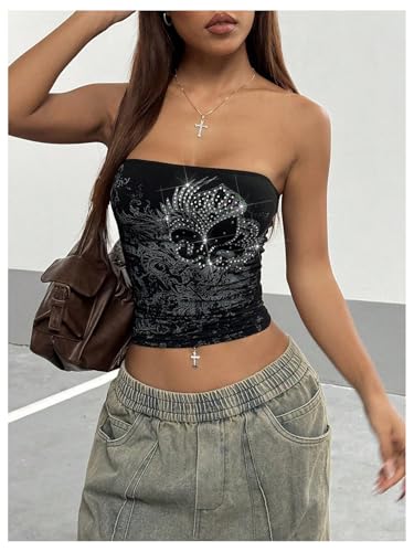 SOLY HUX Women's Glitter Graphic Bandeau Tube Top Y2k Gothic Strapless Crop Tops Rave Party Outfits4