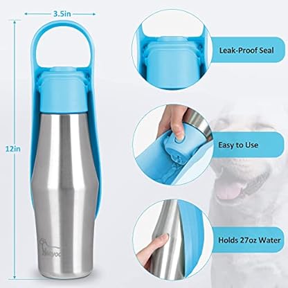 Heeyoo Portable Dog Water Bottle - Stainless Steel Dog Travel Water Bottle with Drinking Feeder, Leak Proof Dog Water Bottle Dispenser for Pets Outdoor Walking, Hiking, Travel, 27Oz - Image 5