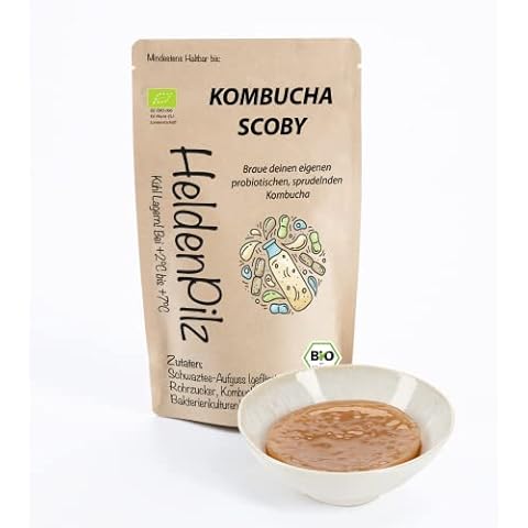 HeldenPilz® | Organic Kombucha Scoby | WACHSTUMSSTARKER TEEPILZ | Skoby + Ansatzflüssigkeit + Geschenk | Herstellung bis 6 Liter | 100% natürliche Zutaten | Bio nachhaltig und plastikfrei verpackt Cover