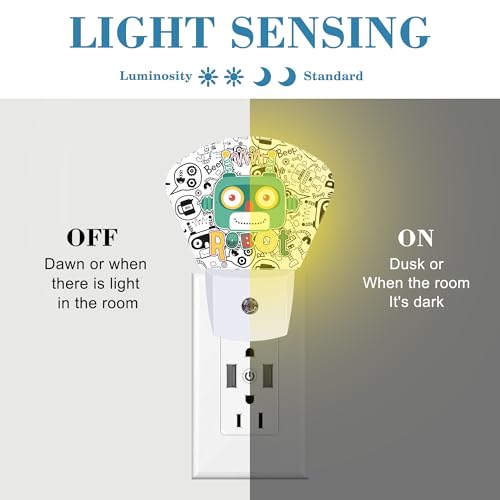 Image of Funny Cartoon Robot Night Light for Kids, Robot LED Night Light Plug into Wall with Dusk to Dawn Sensor for Girls Boys Women Men Bedroom, Hallway, Kitchen, Bathroom, Stairs Decor
