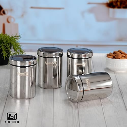 Image of Sumeet ISI Certified Stainless Steel Air Tight Storage Container /Jar /Canister /Dabba with Threading Screw Cap for Kitchen - Pack of 4Pc, 8.3cm, 550ml, Silver