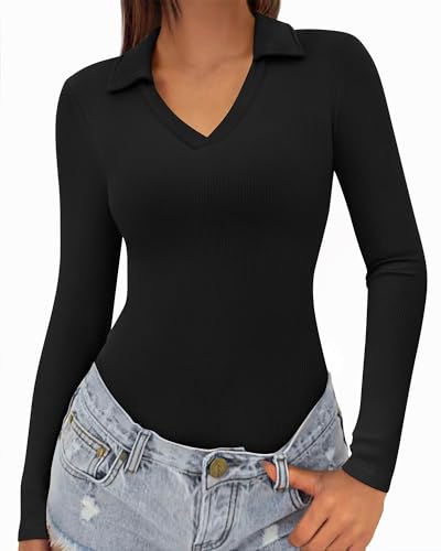 KIRUNDO Polo Shirts for Women Long Sleeve Business Casual Tops 2026 Spring Fall Ribbed Knit Collared V Neck Slim Work Blouses(Black, Large) — view 3