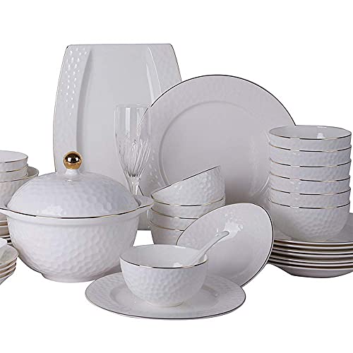 Juego de vajilla de porcelana de hueso de 52 piezas, redonda de porcelana blanca, resistente a las astillas, plato de cocina, tazón, olla de sopa con borde dorado, servicio para 12 personas