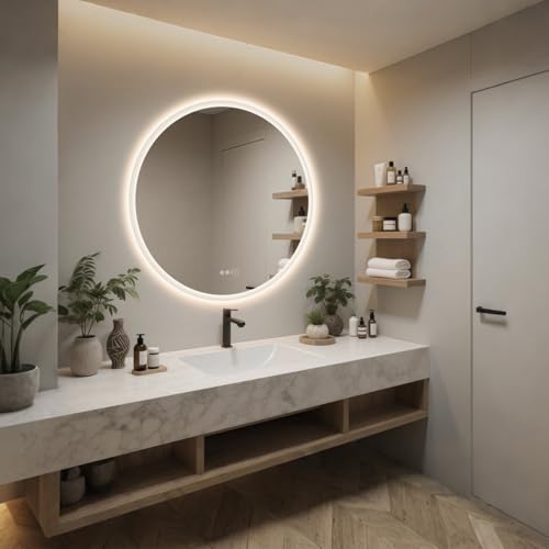 Image of Modern Round LED Wall Mirror || Trio Color Lighting, Antifog Heating, Stepless Dimmer & Memory Recall for Vanity& Bathroom. (24x24inches)