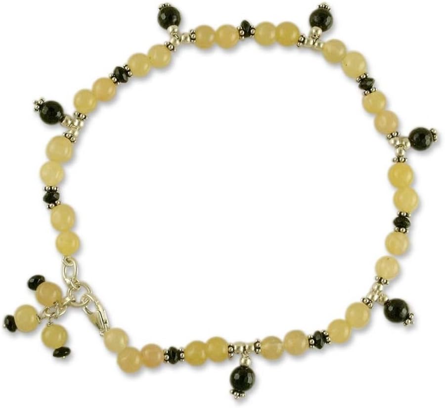 NOVICA Sterling Silver Anklet for Women, Handmade Artisan Beaded Ankle Bracelet Yellow Aventurine and Black Onyx Birthstone Jewelry from India, My Muse, Adjustable 10.25 to 10.75 Inches Long
